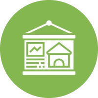 Chart and house icon on green circle